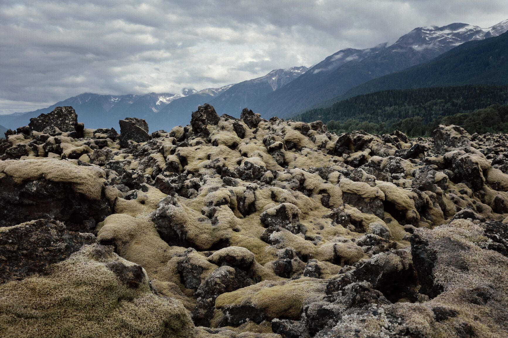 Expansive lava beds stretch across the landscape beneath snow-capped peaks in Anhluut'ukwsim Lax̱mihl Angwinga'asanskwhl Nisg̱a'a Park. Courtesy of Destination BC