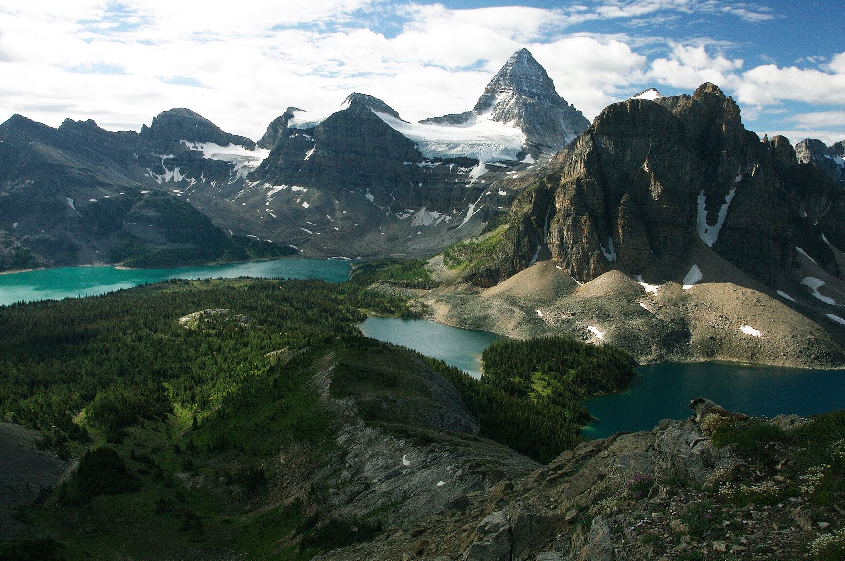 Peaks above alpine waters in Mount Assiniboine Park. Mount Assiniboine, Mount Magog, and Sunburst Peak rise above Lake Magog and Sunburst Lake, forming a dramatic glacial landscape framed by lush meadows and rugged terrain.
