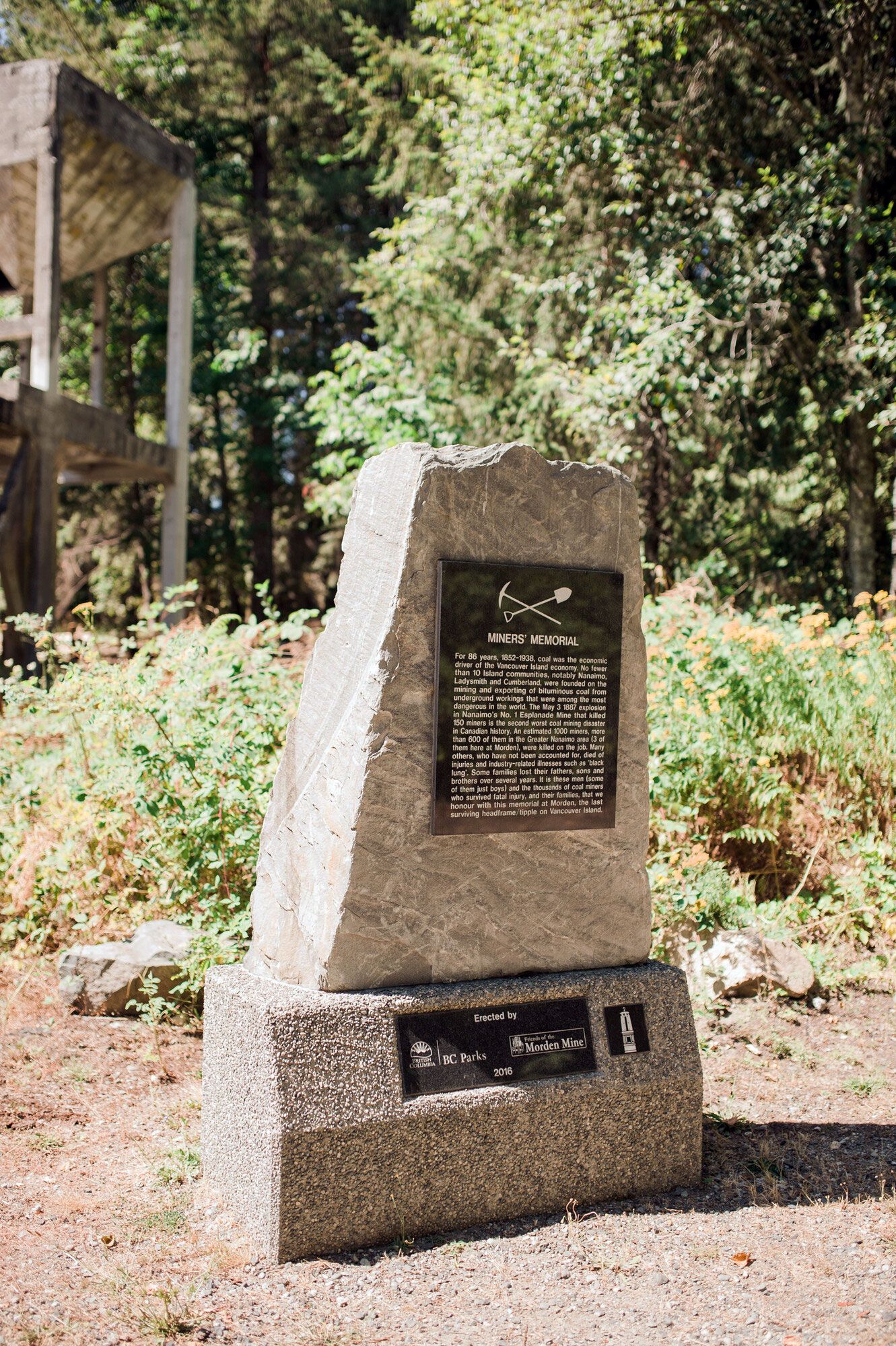 In Morden Colliery Historic Park, is a monument dedicated to the memory of those who worked in the coal mining industry on Vancouver Island.