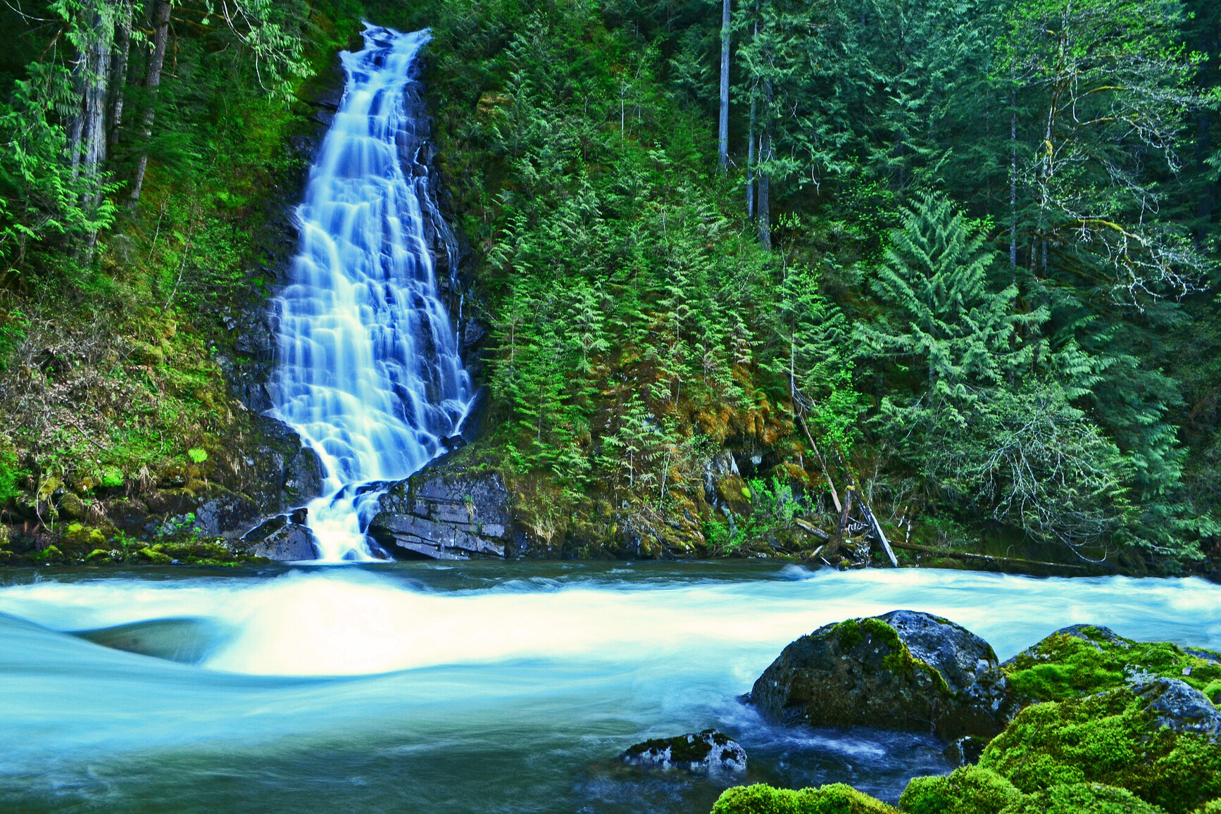 Waterfall from forested mountain flowing into lake. Moss covered rocks in foreground.