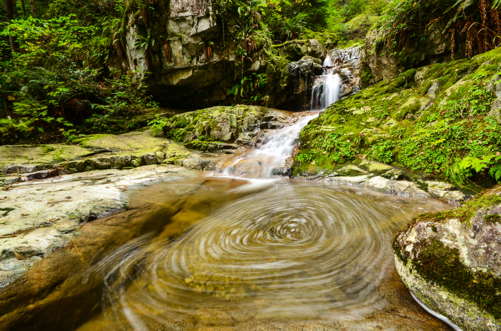 A waterfall in Pinecone Burke Park flowing into a rocky pool creating an eddy.