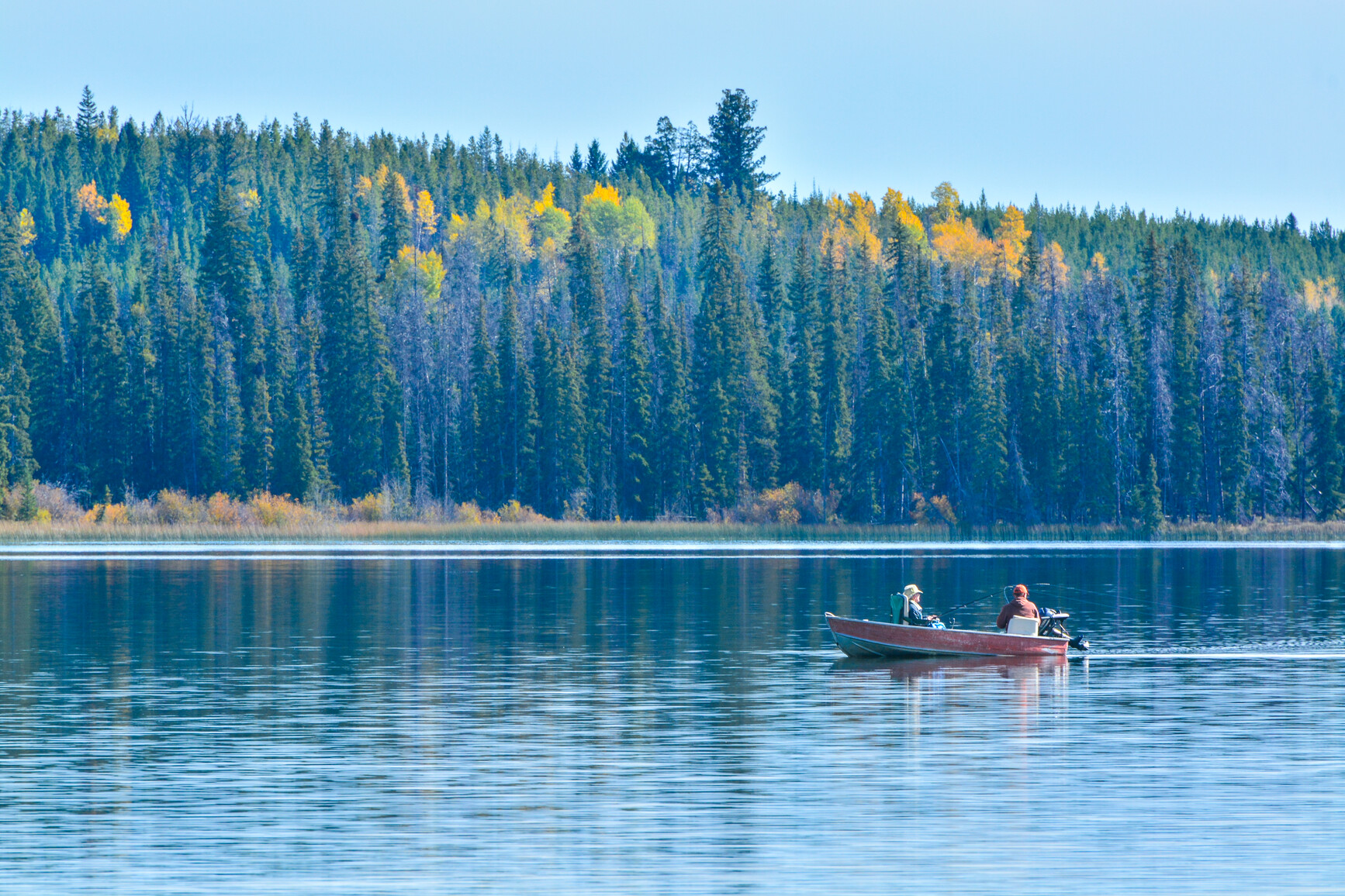 People in boat fishing one the lake. Forest with golden tree tops in background.