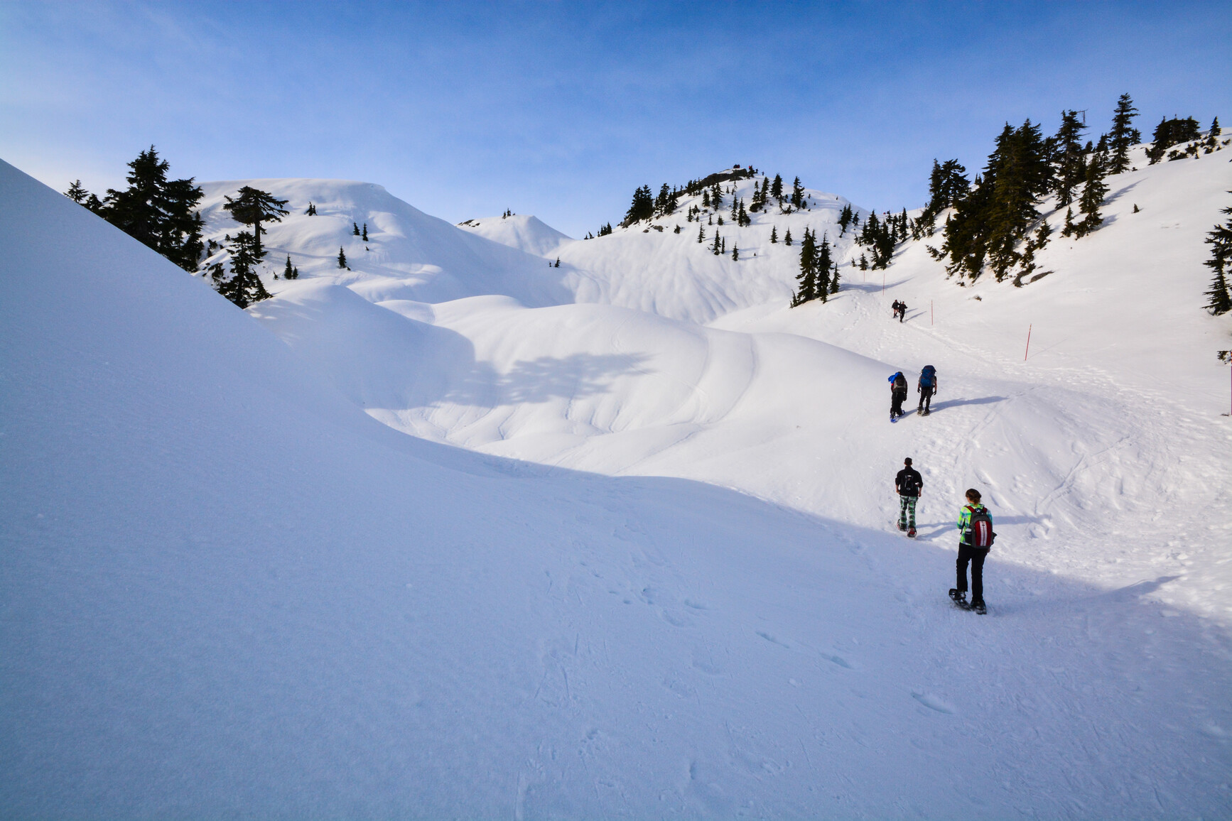 People snowshoeing on snow covered mountain slope.