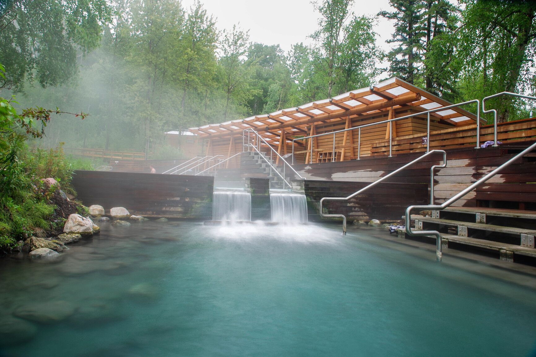 The Alpha pool facility is a great place to relax in the warm water and steam while listening to the sound of water falls. Laird River Hot Springs Park.