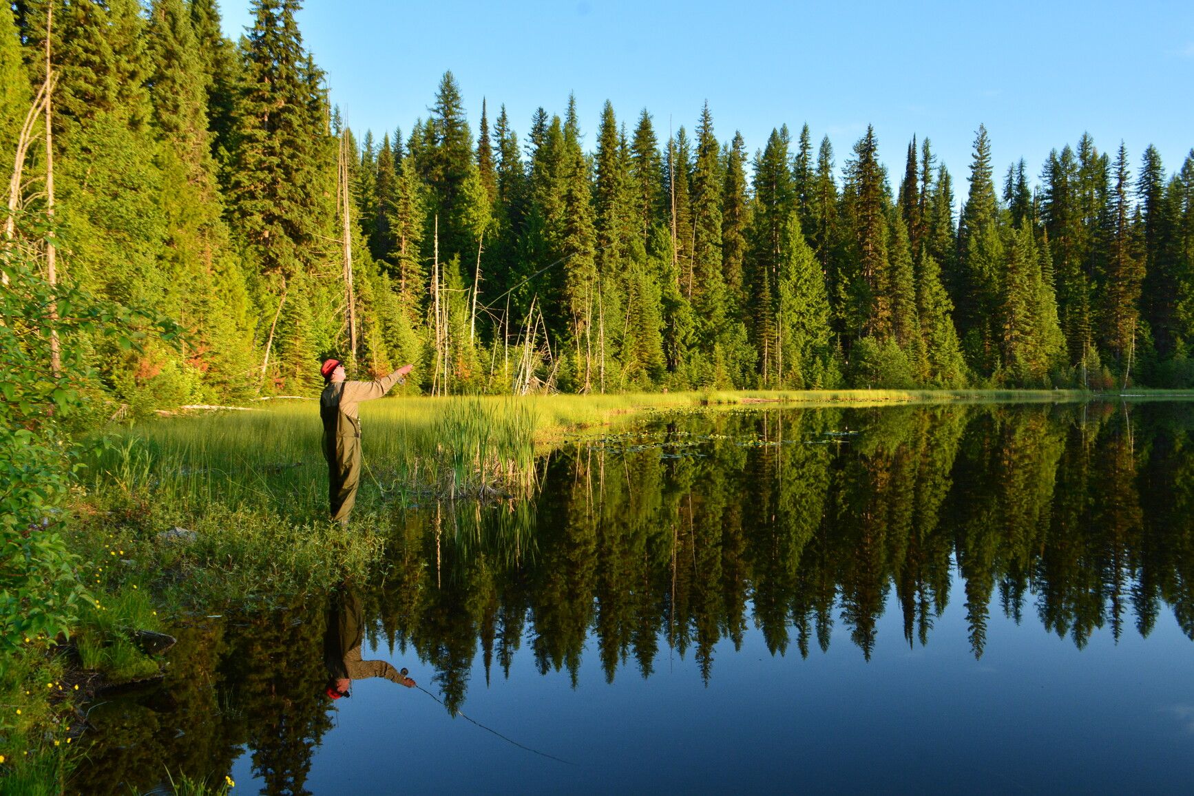 Experience fly fishing along the shoreline of Second Lake in Champion Lakes Park.