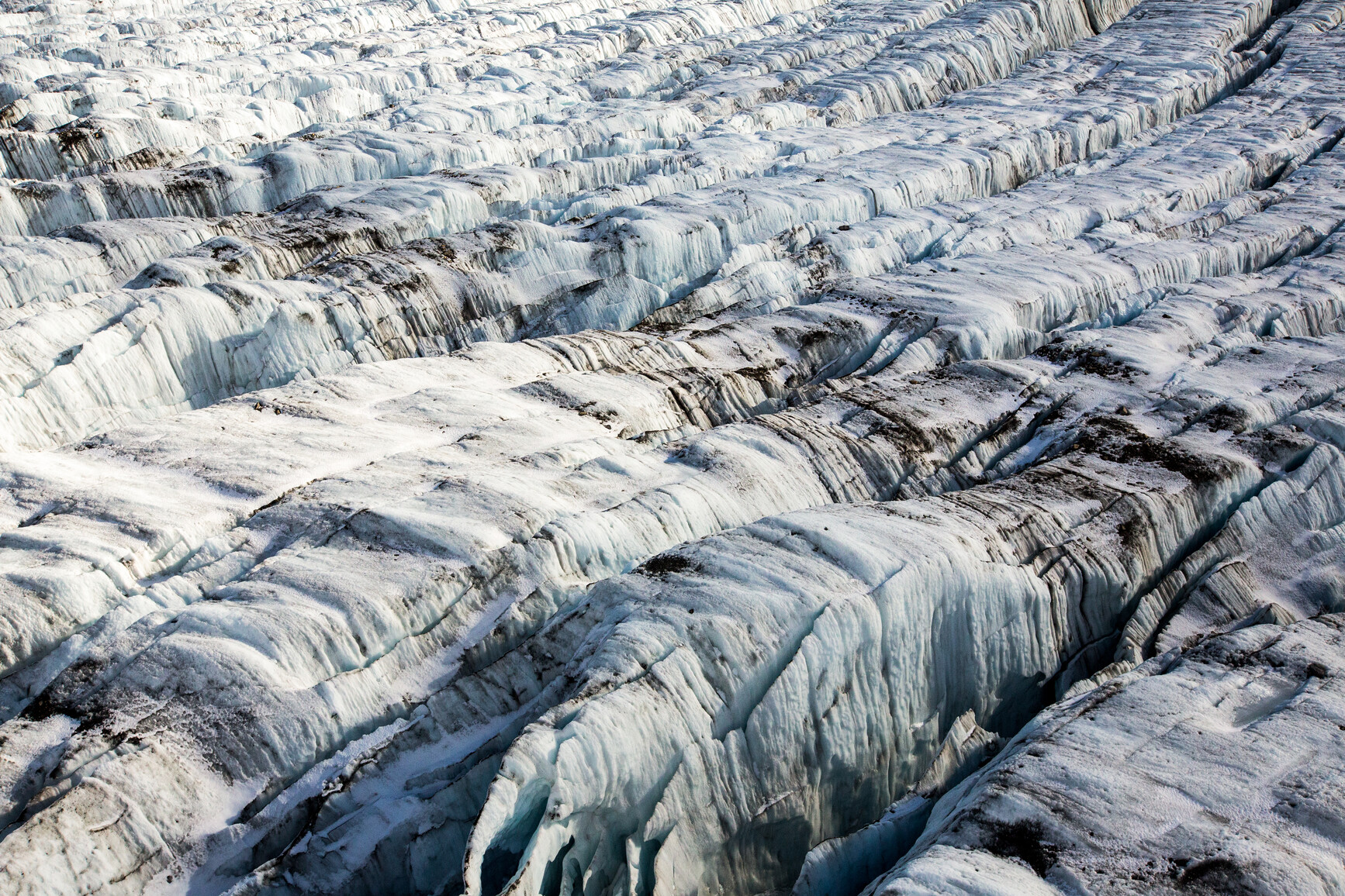 An aerial view of lower Robson glacier crevasse field. Mount Robson Park.