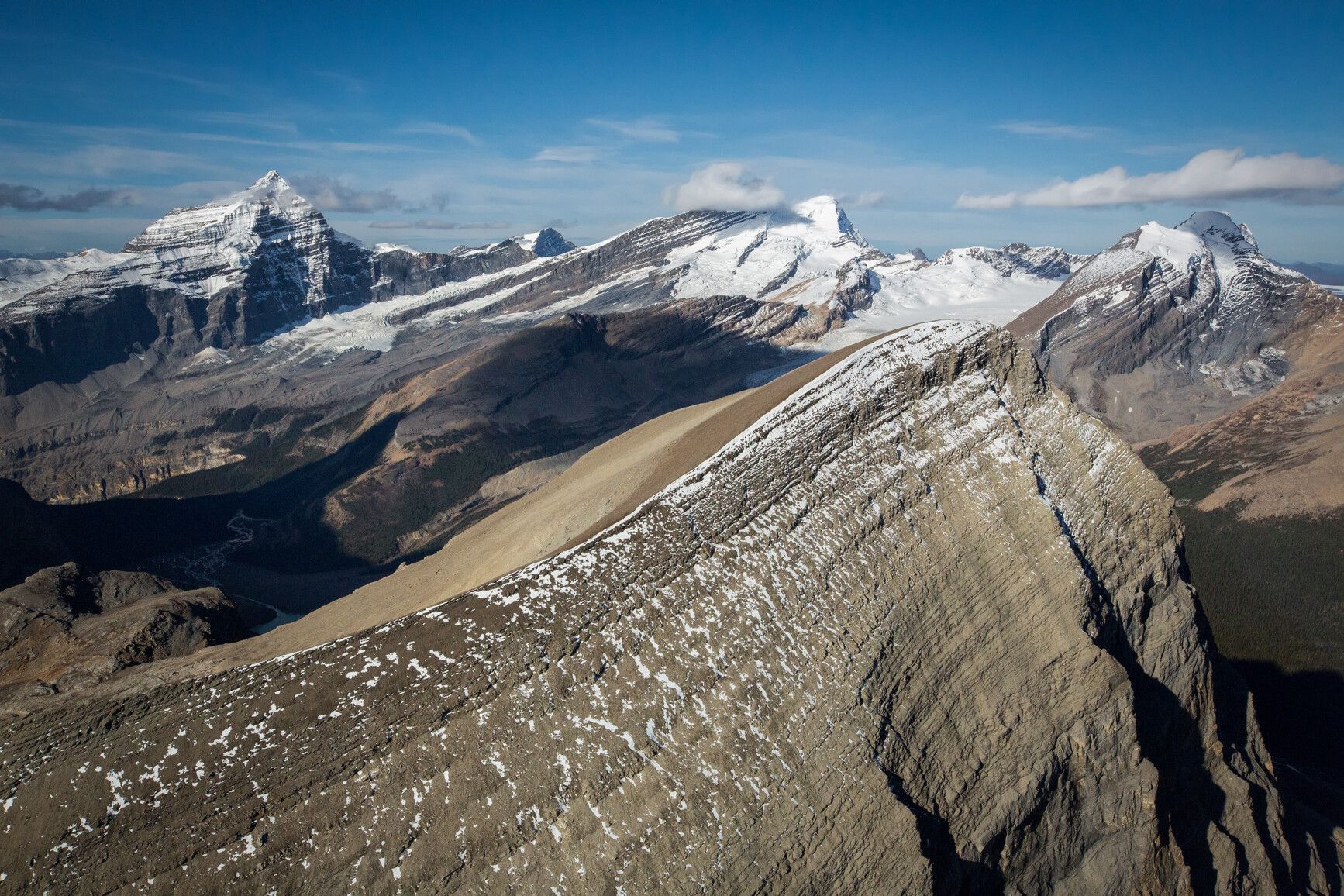 An aerial view of Whitehorn and Phillips mountains, Mount Robson Park.