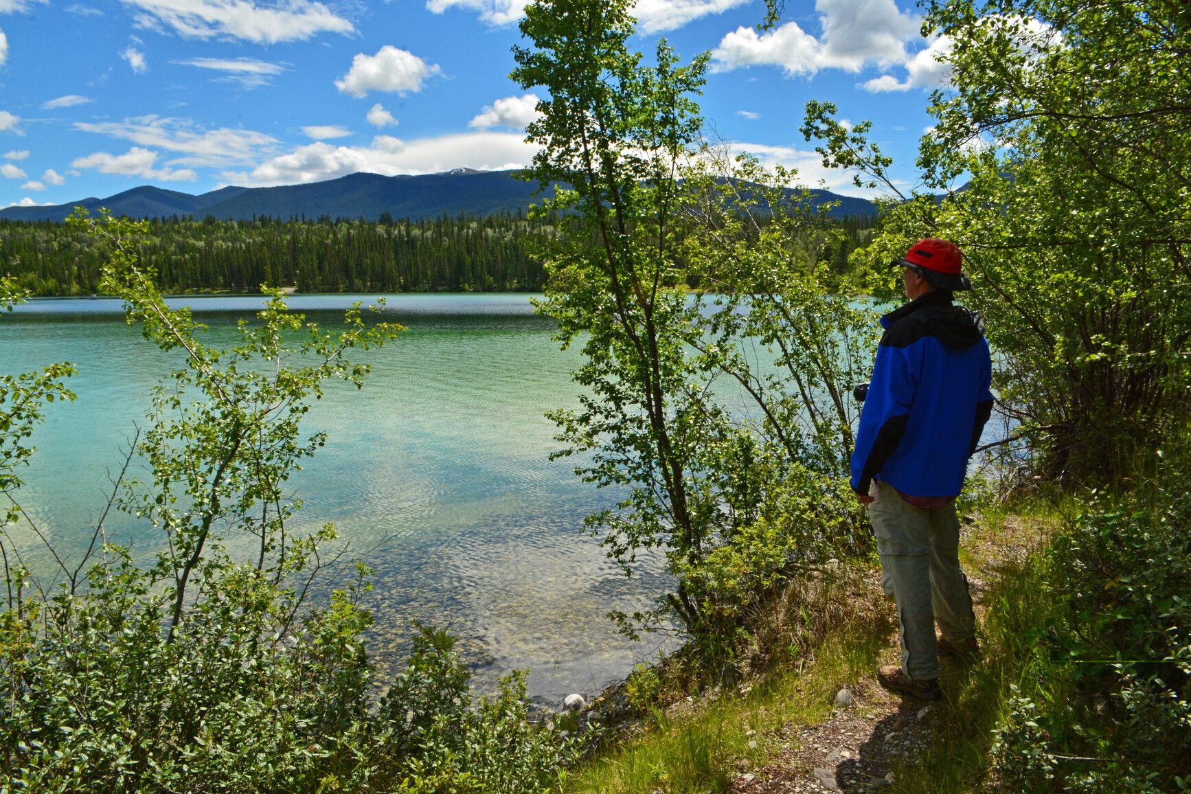 Under the clear summer sky, a visitor at Big Bar Lake Park casually takes in the view of the lake and mountains.