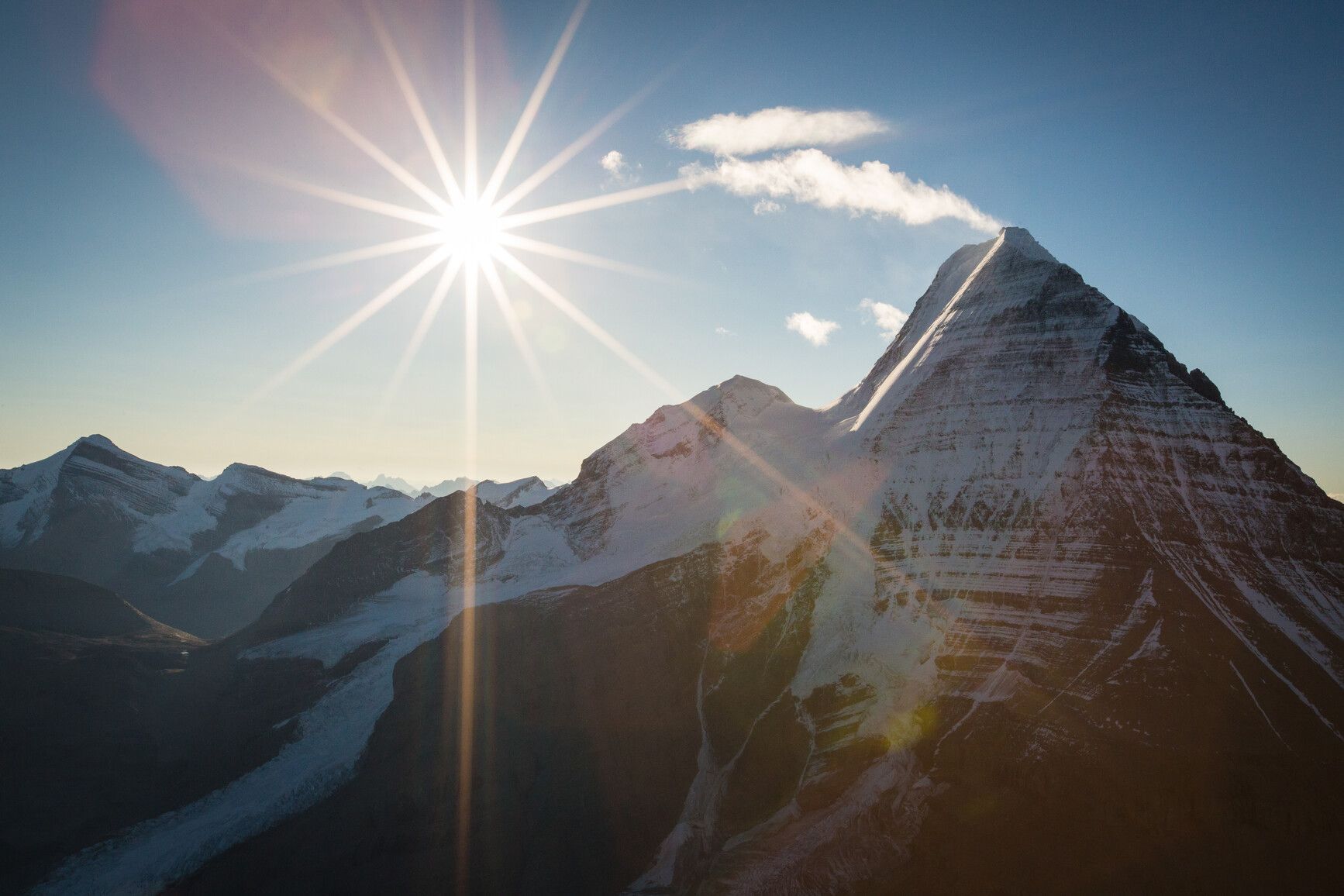 An aerial view of Mount Robson, Waffle Peak, and The Helmet. Mount Robson Park.