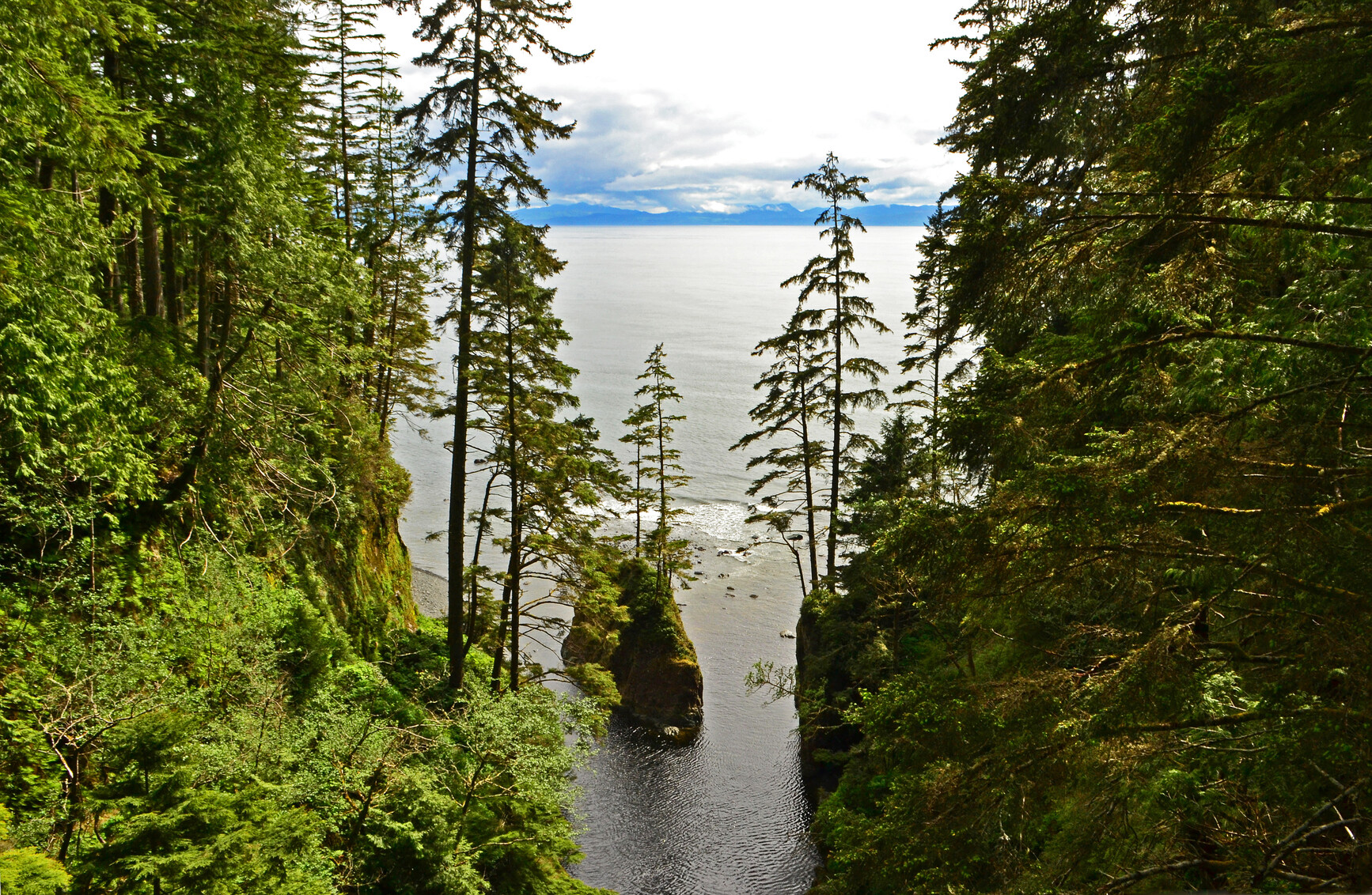  A view from Juan De Fuca trail looking down at Loss Creek. Looking out across the Salish Sea are the mountains of the Olympic Mountain Range.