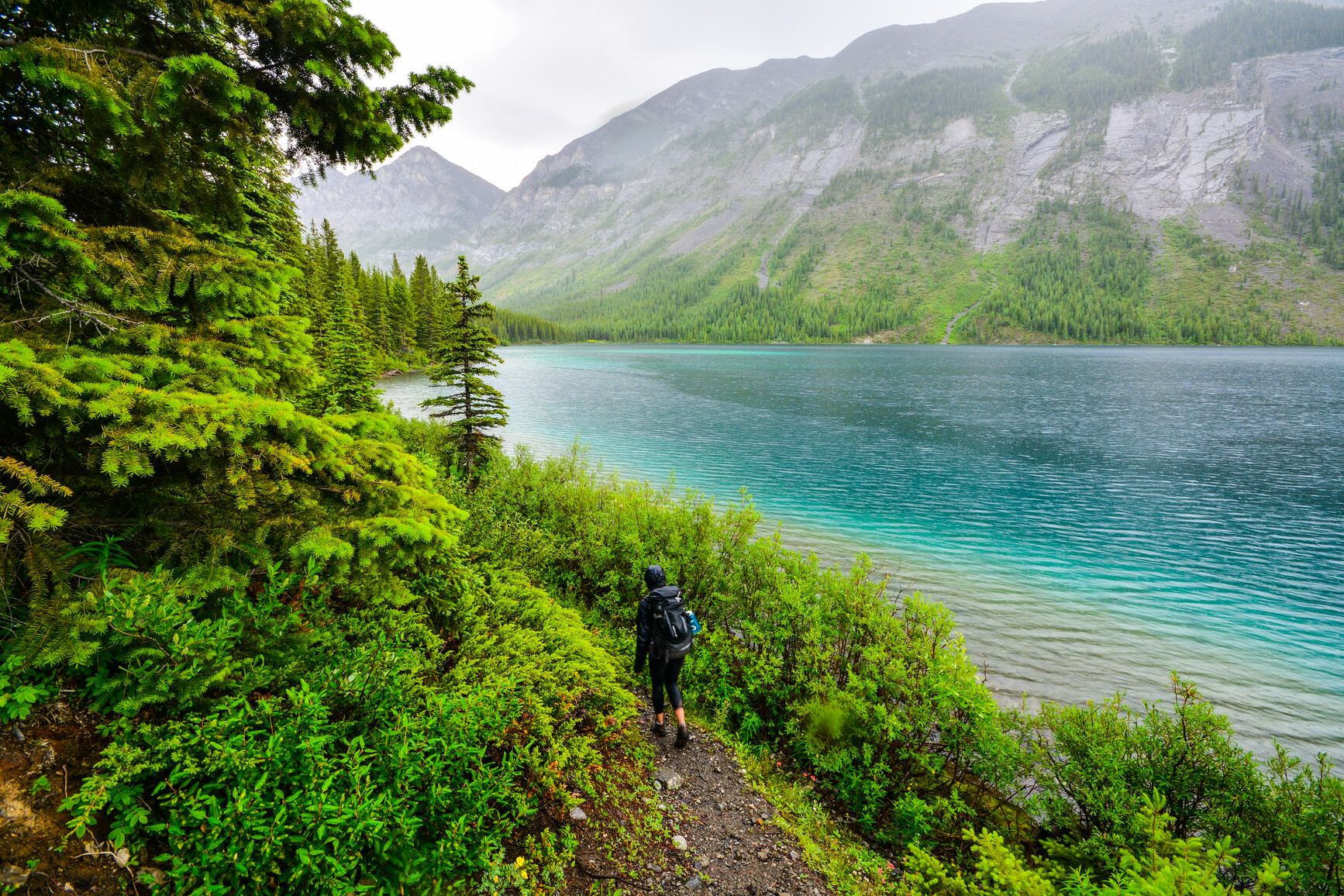 A hiker walks a trail along a turquois lake. Height of the Rockies Park.