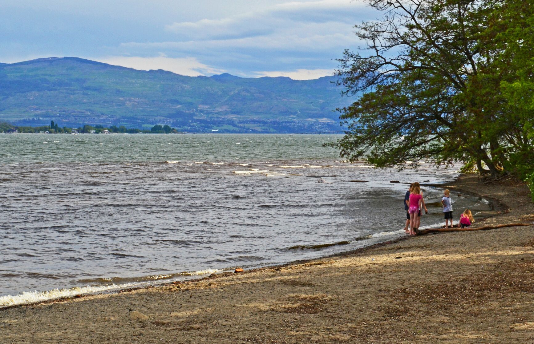 Children playing on the beach of Okanagan Lake at Bear Creek Park.