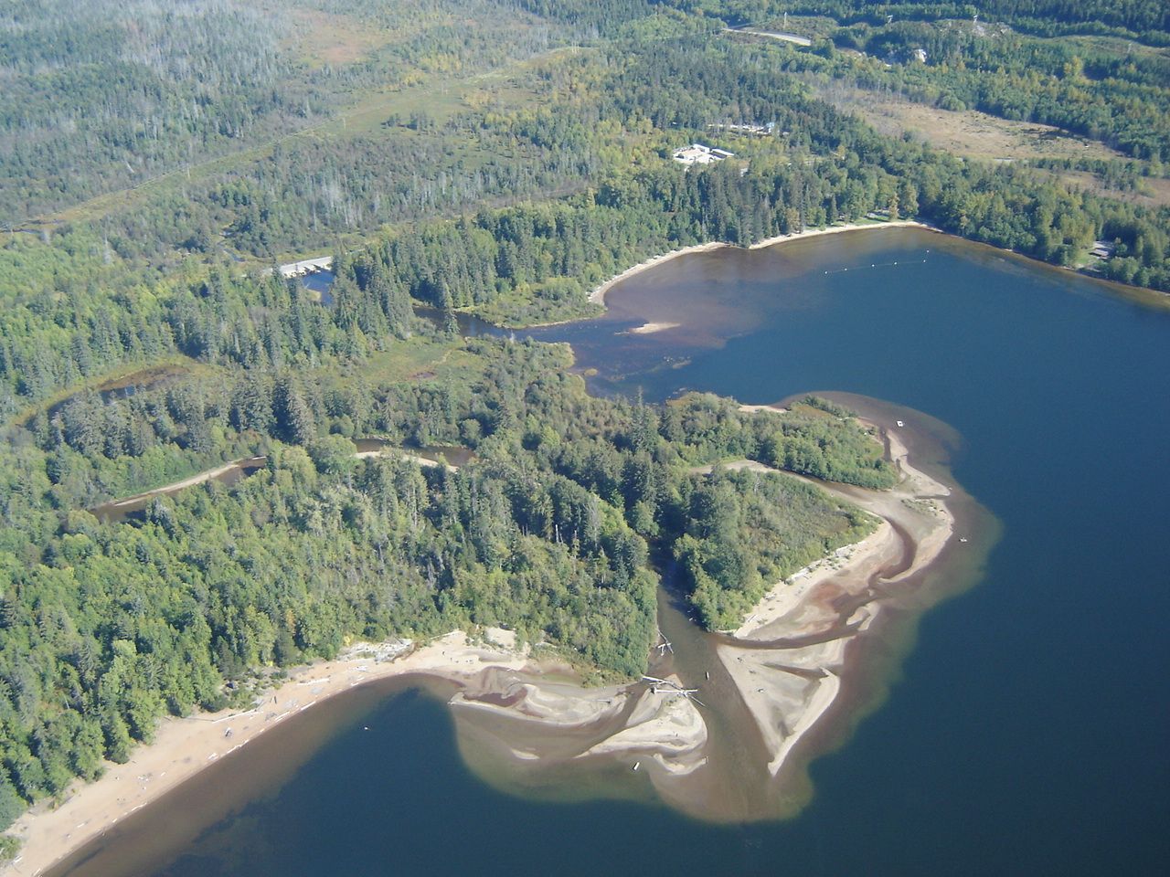 Aerial view of sandy alluvial fans and beaches. Gruchy's Beach, Lakelse Lake Park.