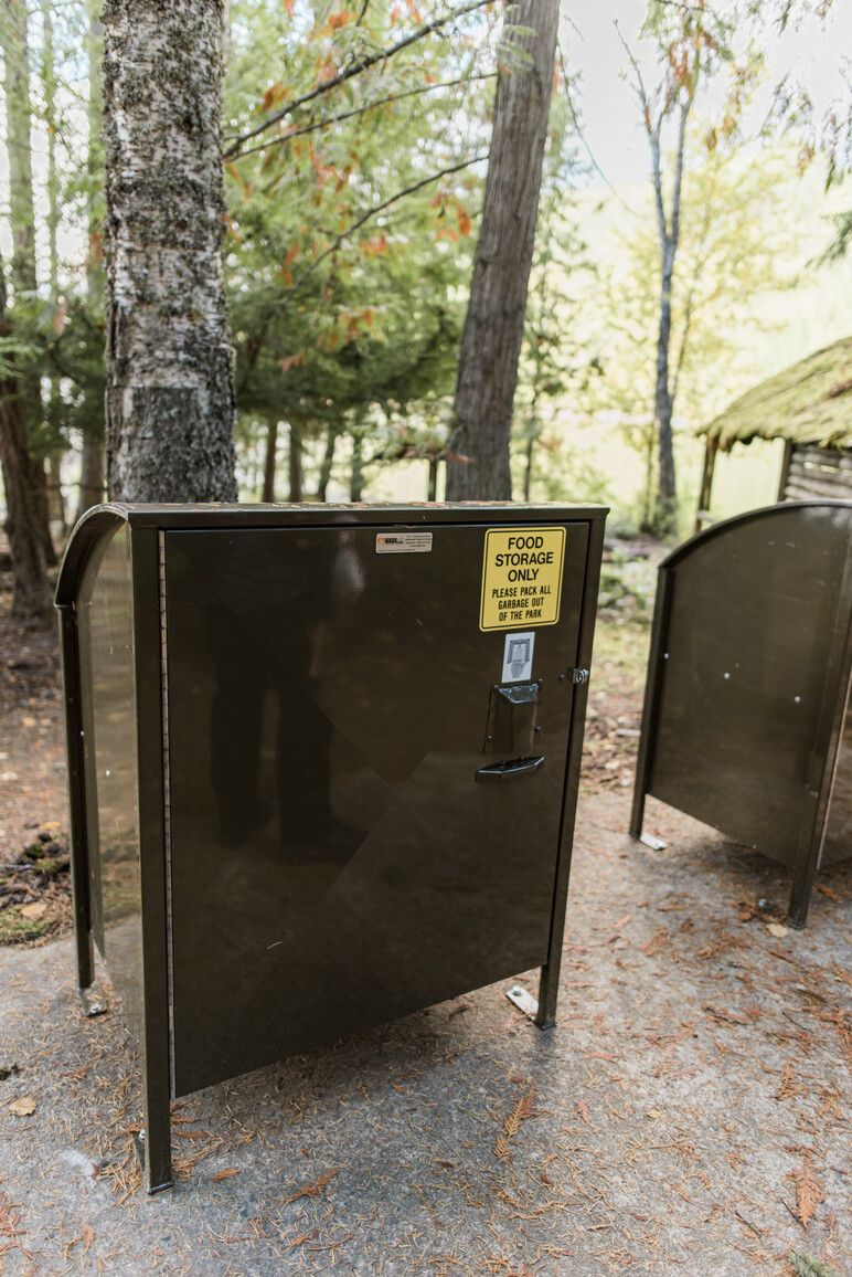 Food storage lockers for bear safety in Cinnemousun Narrows Park.