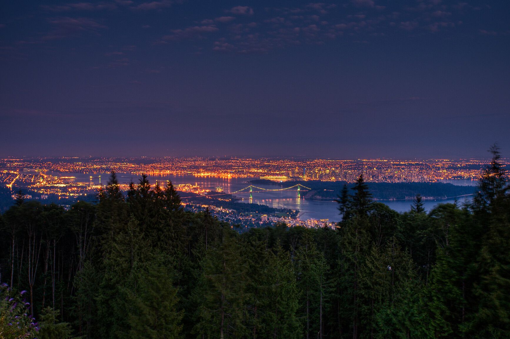 A nighttime view of the lower mainland from Cypress Park.
