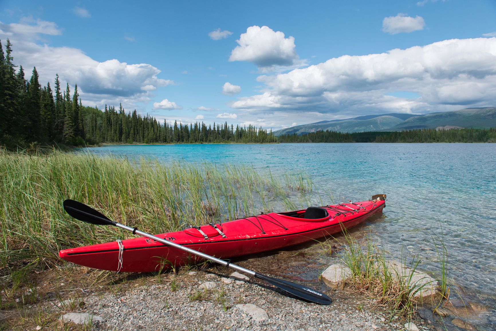 A red kayak rests quietly on the shore of Boya Lake in Tā Ch’ilā Park, surrounded by tall grass, clear turquoise water, and distant forested mountains under a soft sky.