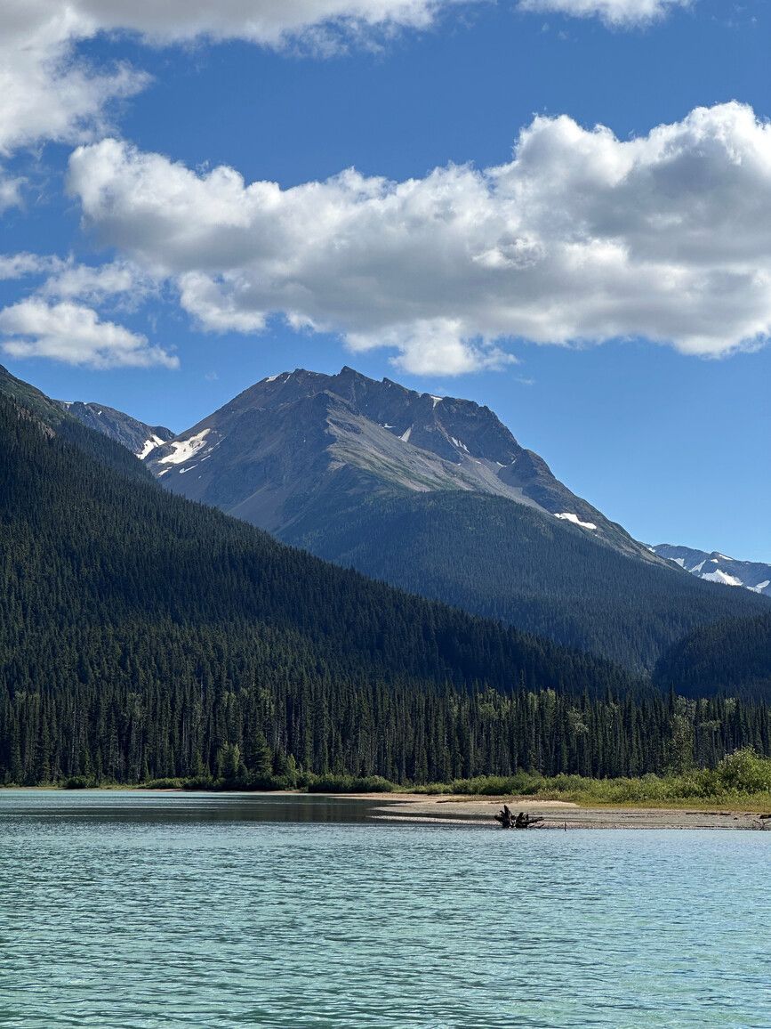The west end of Atna Lake looking at Hanging Mountain. Atna River Park.