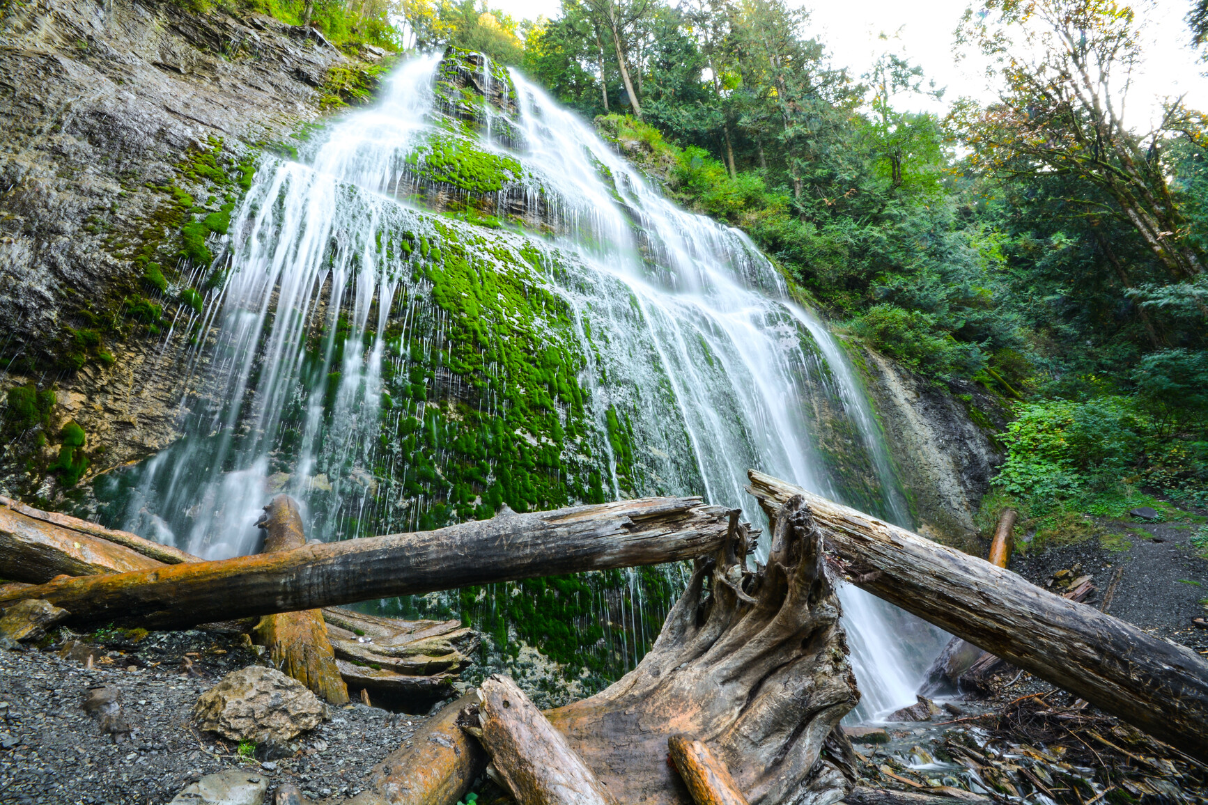 Bridal Veil Falls cascading down moss covered walls. Fallen logs lay at the bottom of the falls.