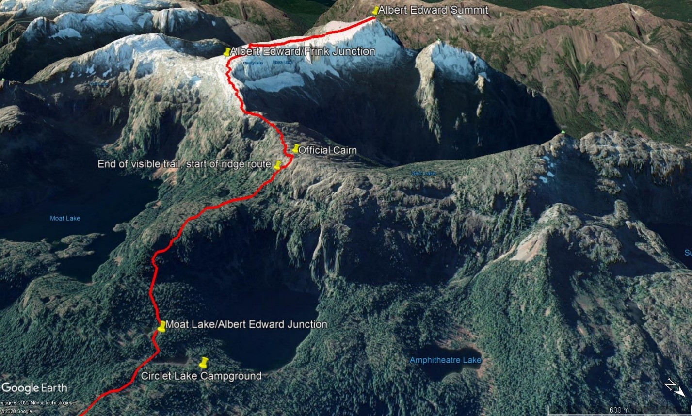 route map showing important location from circlet lake to the albert edward summit