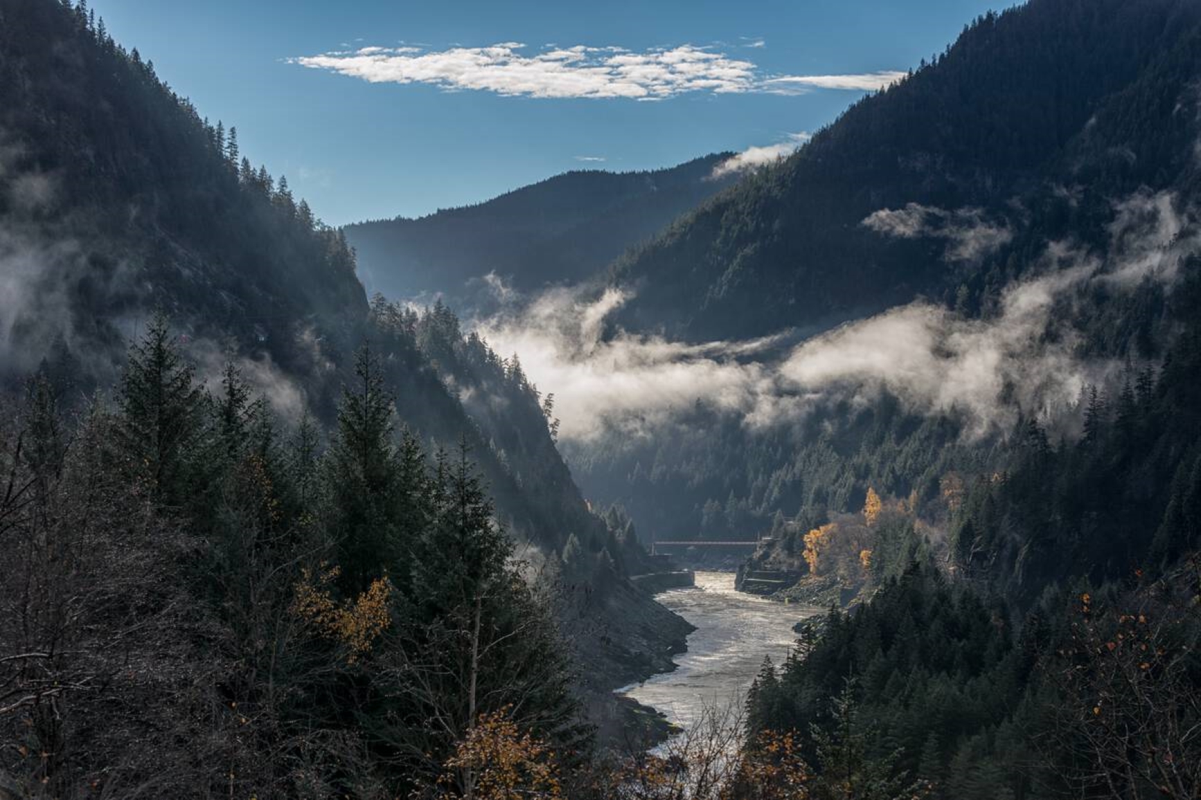 The Fraser river canyon and the Alexander bridge. Surrounding the the bridge and river are mountains covered in thick forest.  Photo credit: Destination BC.  