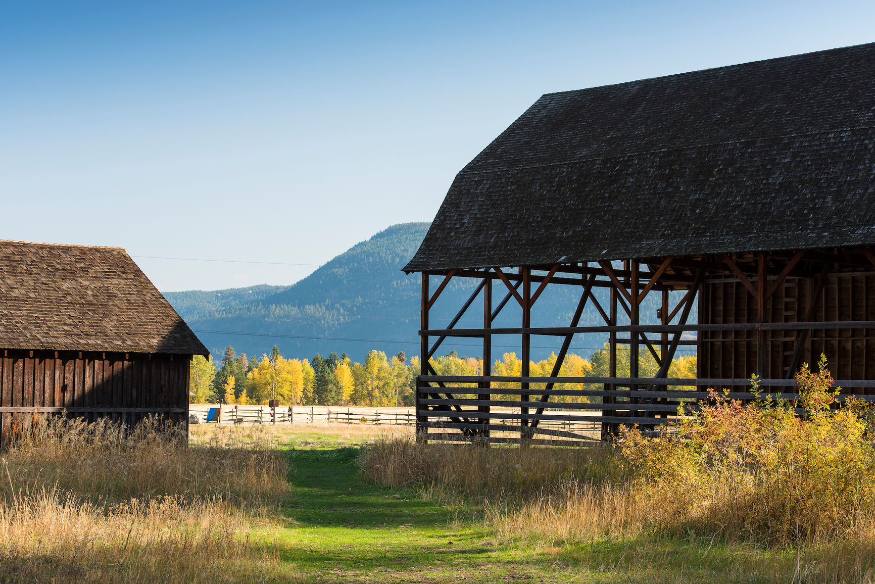 Rustic barn houses opening up to a field and mountains in the distance