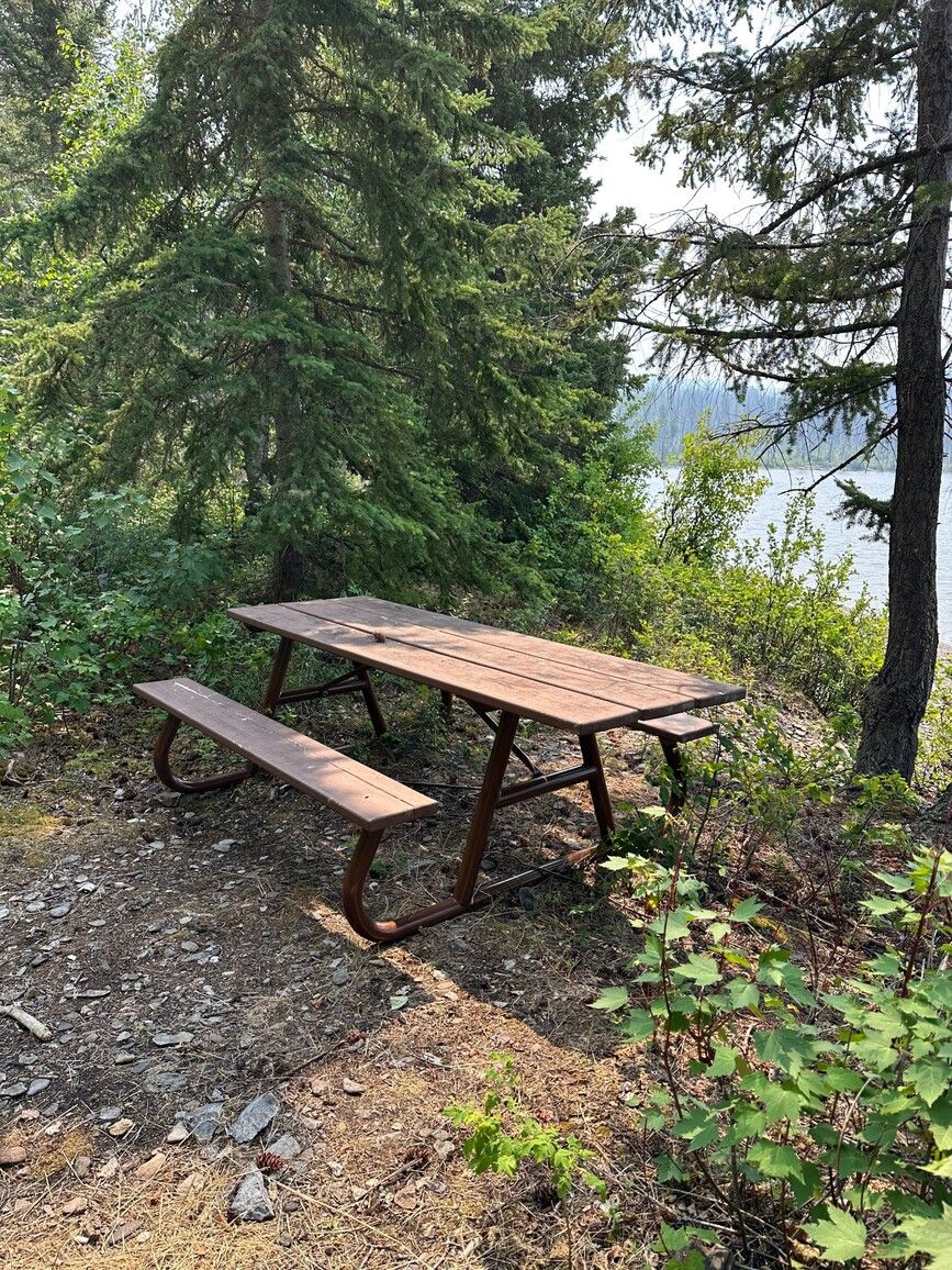 Picnic table at the end of the Black Point trail in Francois Lake Park.