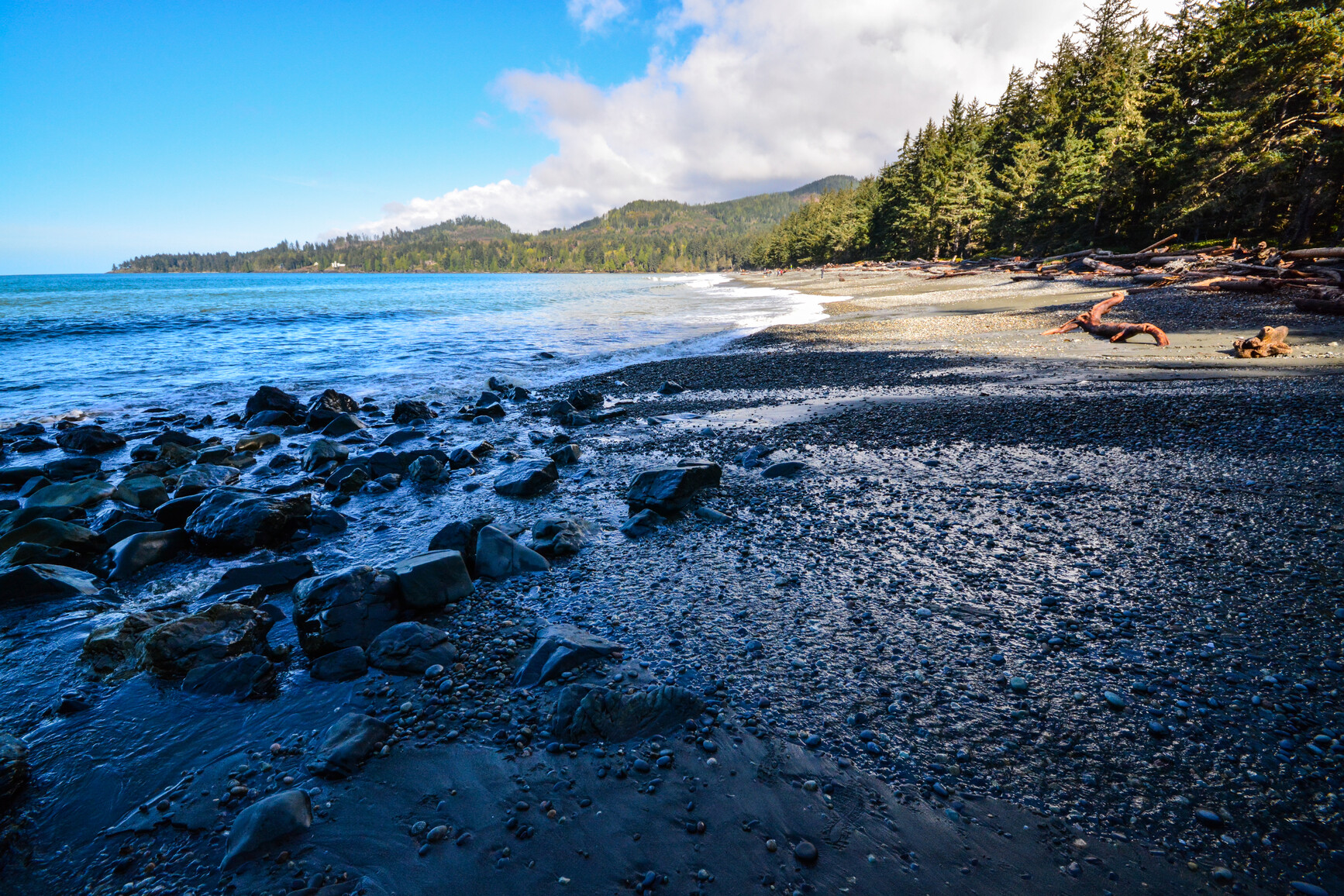 View of beach with rocks, mountains, forest.