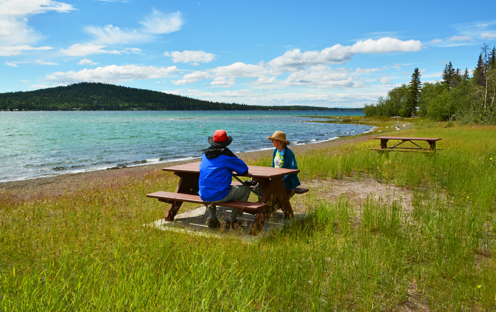 Little Arrowhead Site. Park visitors sitting at a picnic table looking out a view of lake and forest on the other side.