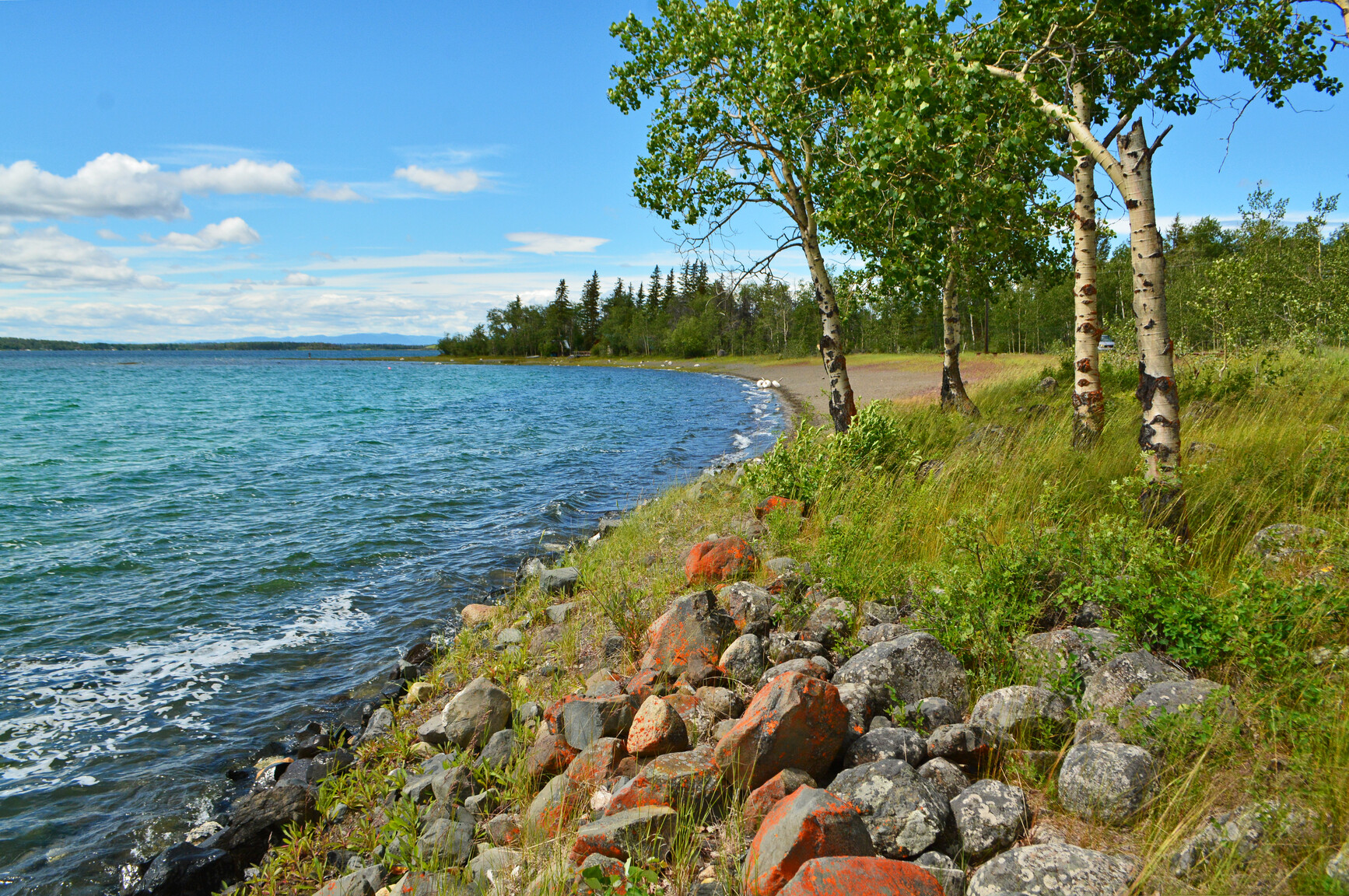 Little Arrowhead Site. View of lakeshore. On the shore are rocks with red lichen. In the background are forests and mountains.