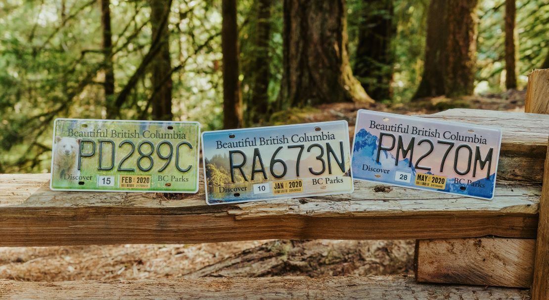 Campers holding BC Parks licence plates and smiling