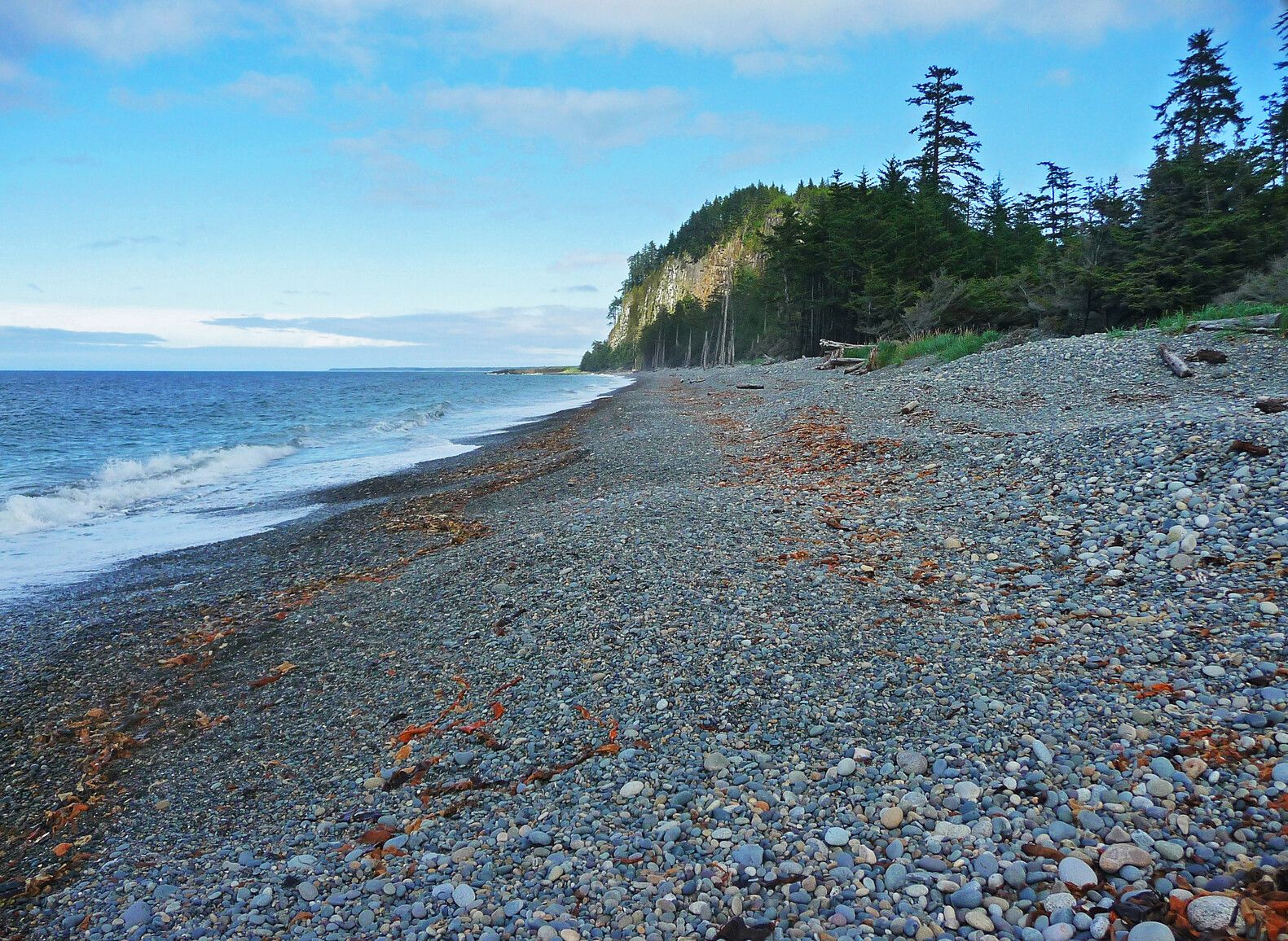 A forest-covered cliff rises in the background of the pebbled shoreline at Agate Beach, Naikoon Park, creating a rugged and scenic coastal view.