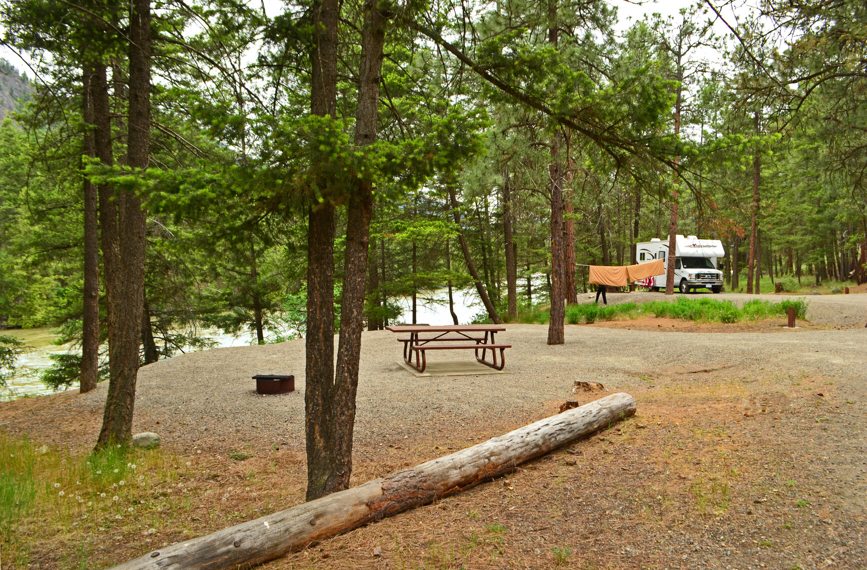 Trees and forest surround 2 campsites. One unoccupied campsite has a fire ring and picnic table. The other occupied campsite has an RV, and a park visitor hanging blankets to a clothesline. Similkameen River is in the background.