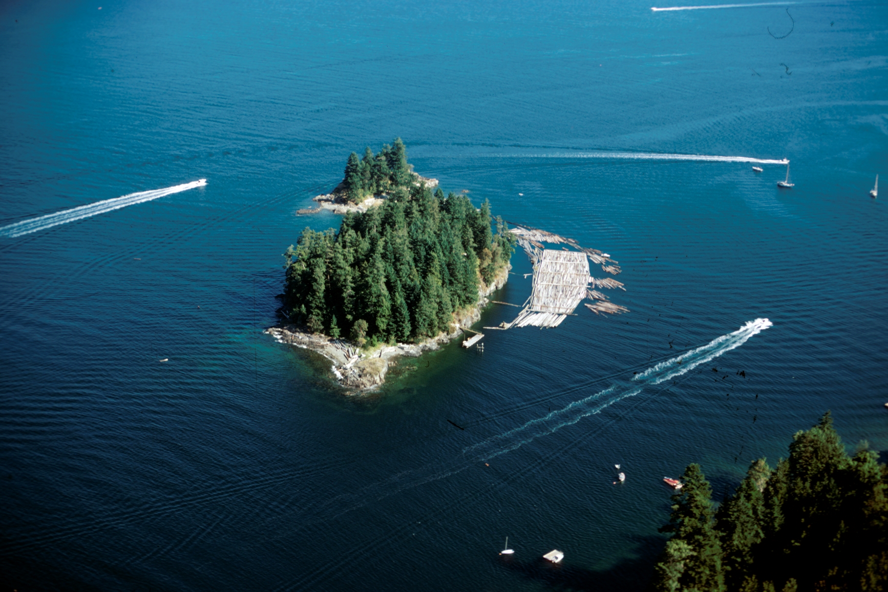 Aerial view of island and timber rafting