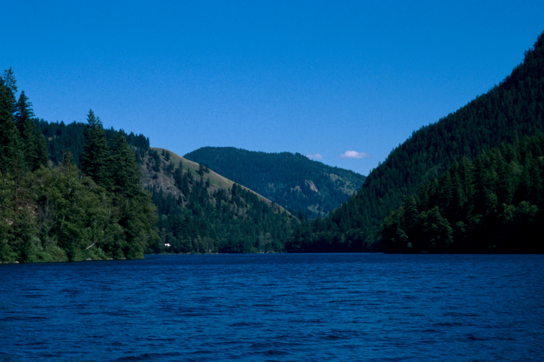 View of the mountains past Echo Lake as dusk approaches.