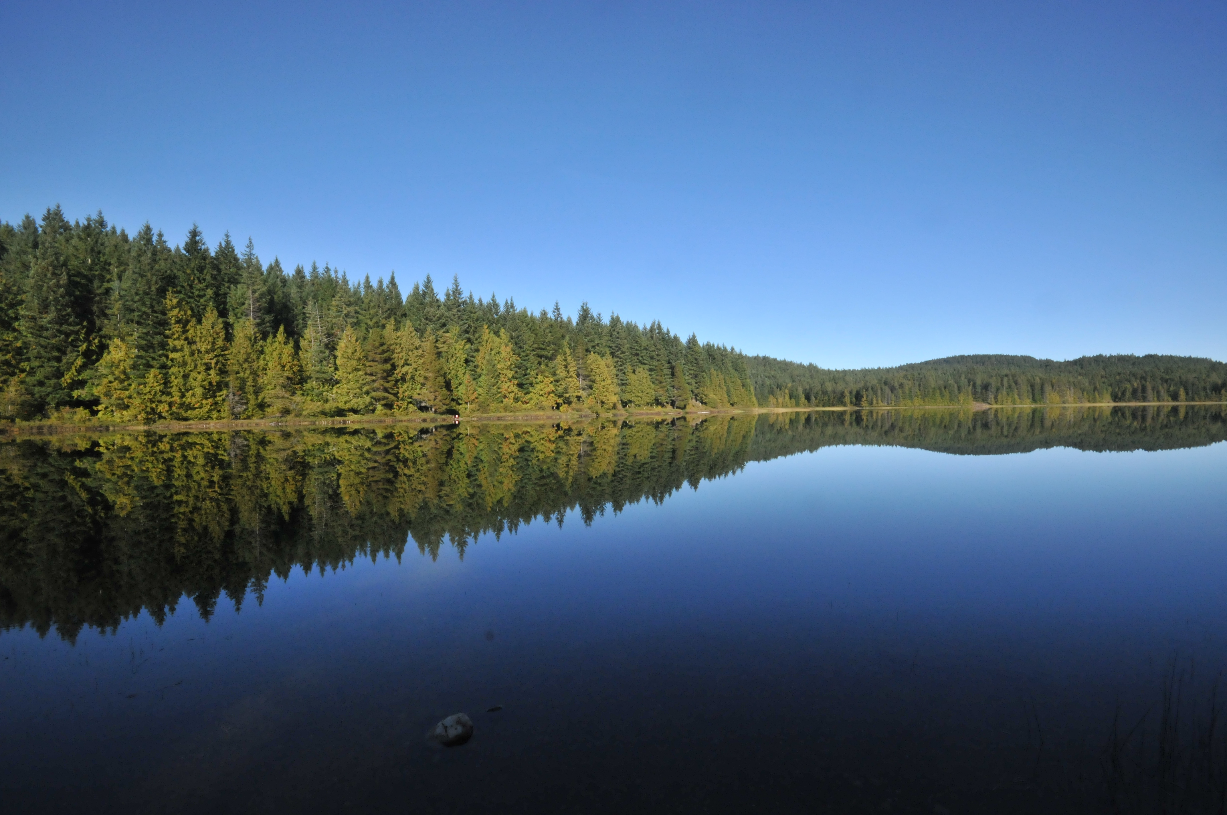A calm photo of Morton Lake with very crisp reflections of the forest and mountain in the background.