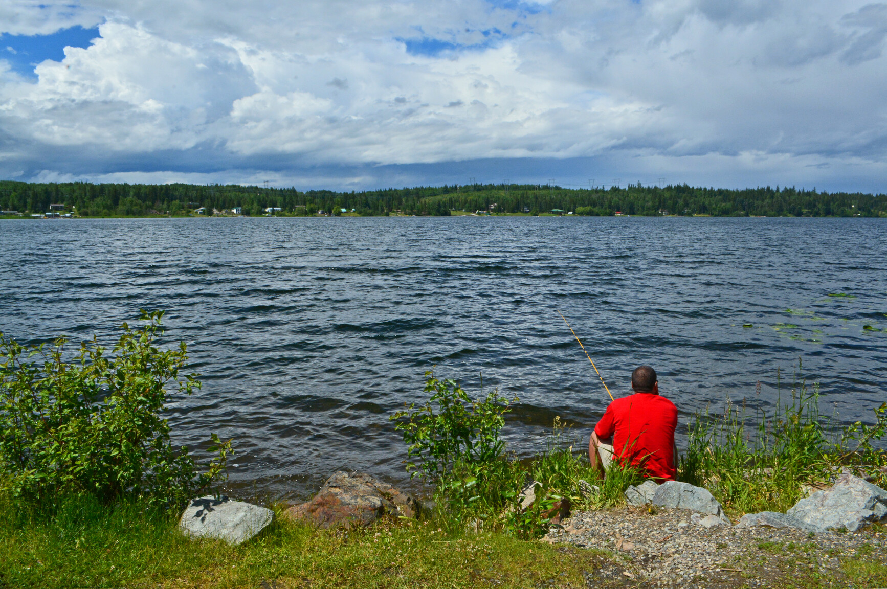 A park visitor fishing from the shore of the lake. Across the lake are homes and forest.