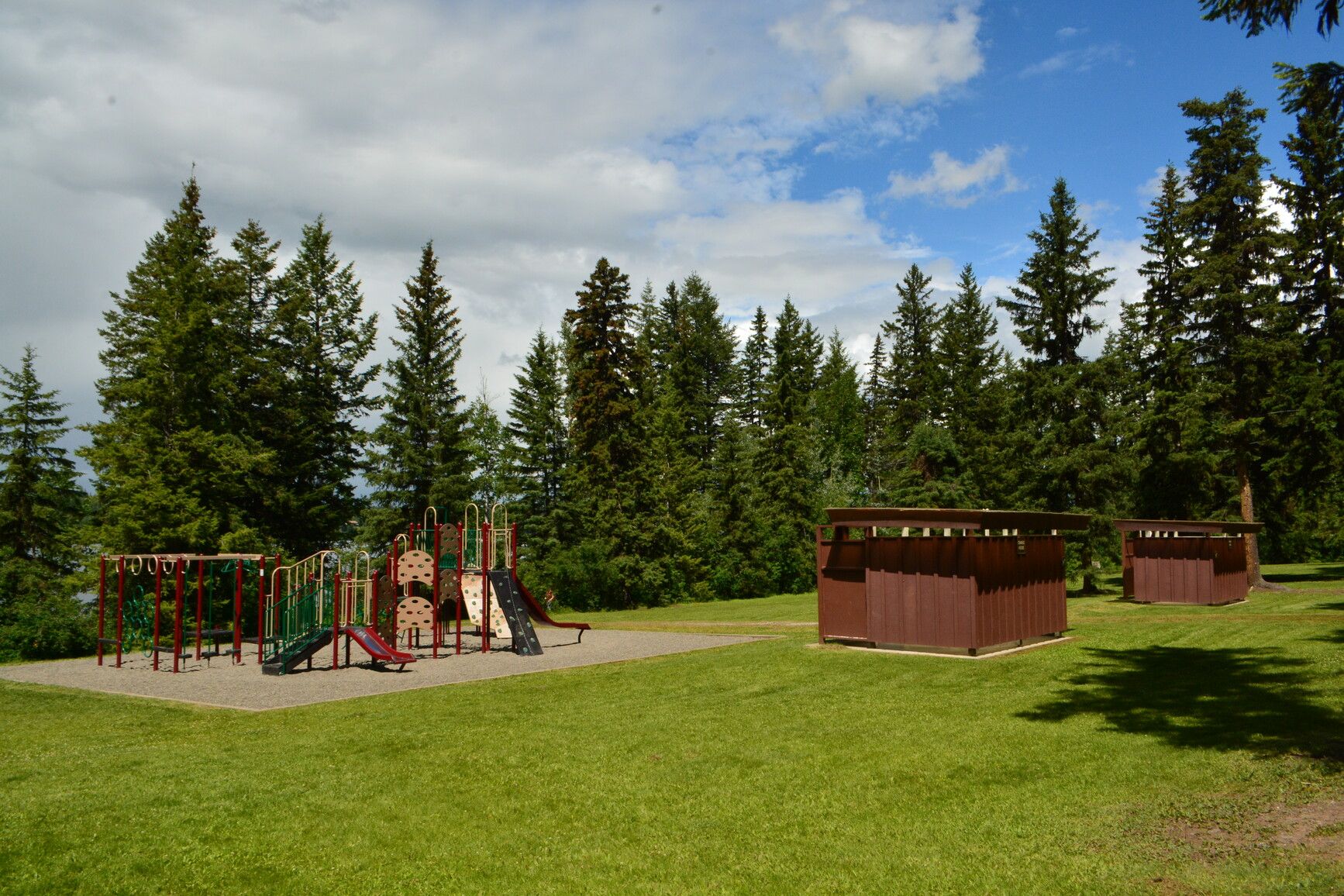 Ten Mile Lake Park playground, day-use, and washroom facilities.